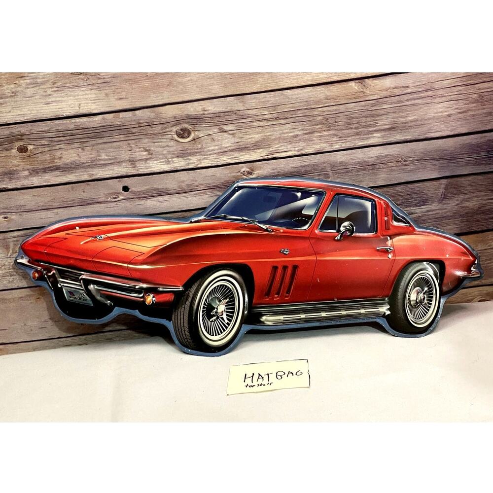 1960’s Red Corvette Car Metal Sign Open Road Brands Garage Decor Hanging 22x 8.5